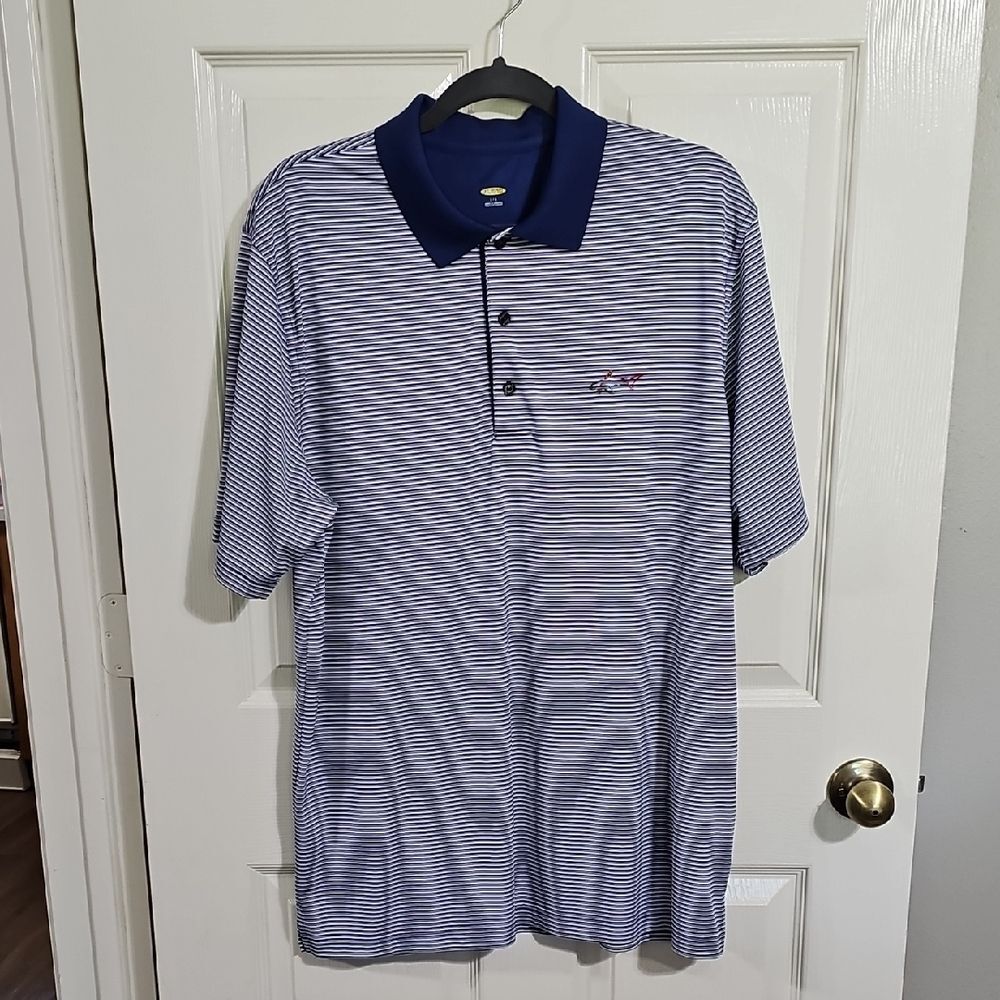 Greg Norman Play Dry Golf Polo Shirt Mens Large L Blue White Fine Stripe EUC